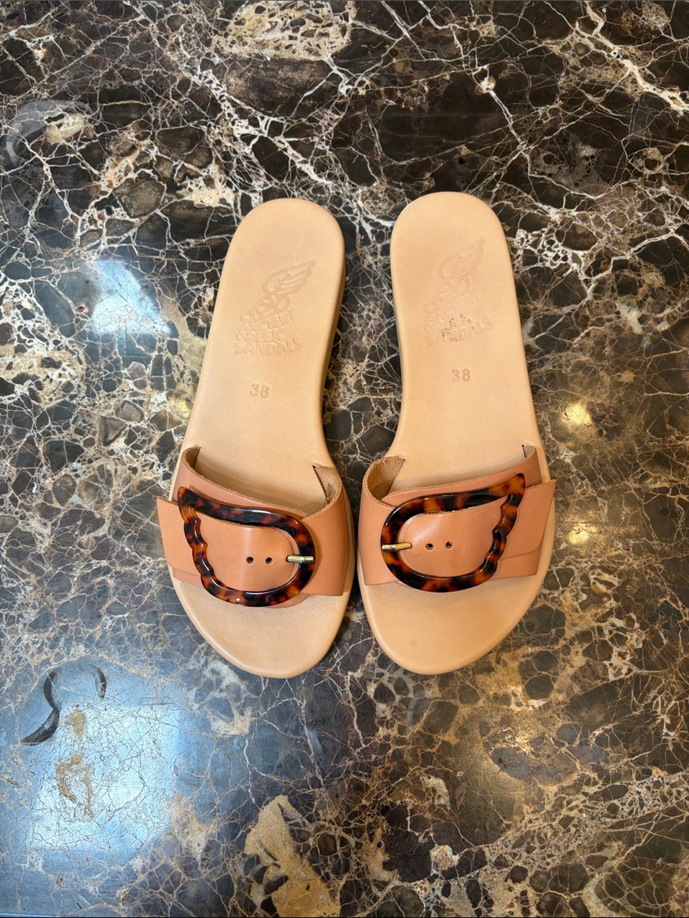 Ancient Greek Sandals Tan Slide Sandals with Tortoiseshell Buckle. Size 38